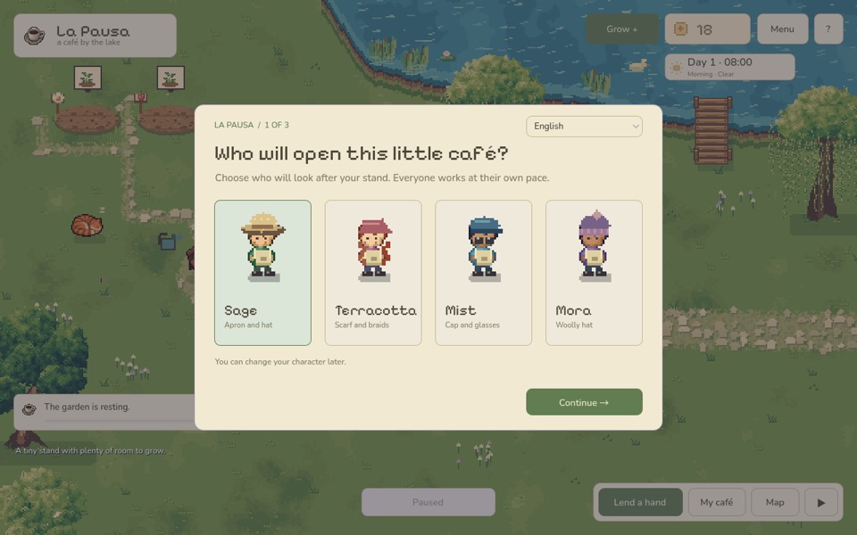 La Pausa: a tiny café by a lake in pixel art