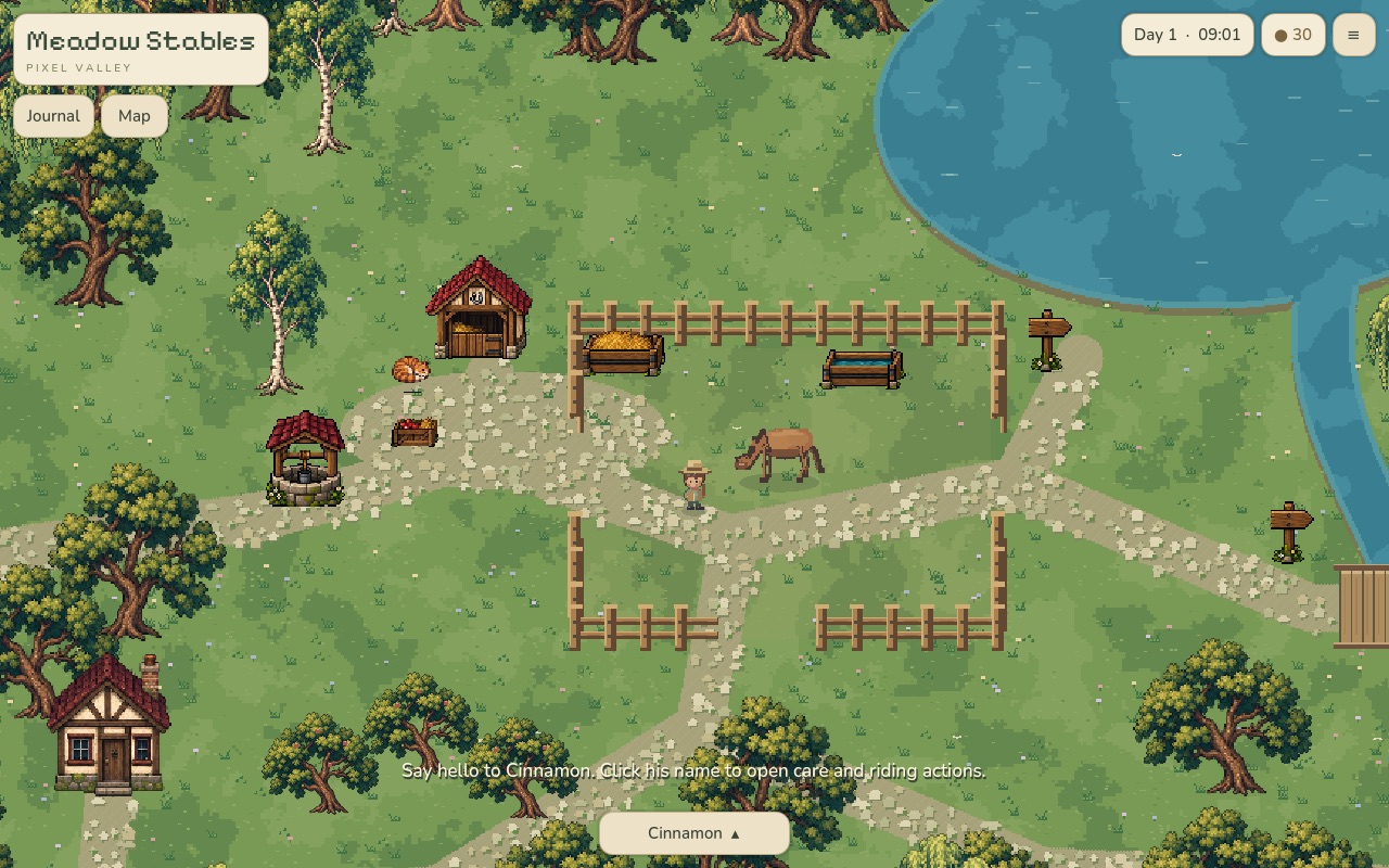 Pixel art valley with a lake, a well and a wooden stable