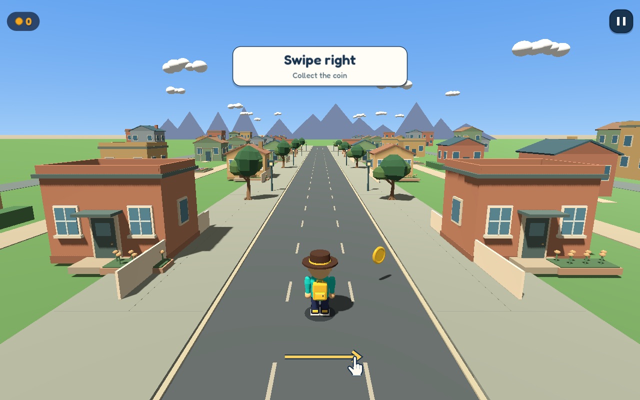 Three lane street with houses, mountains and a coin to collect